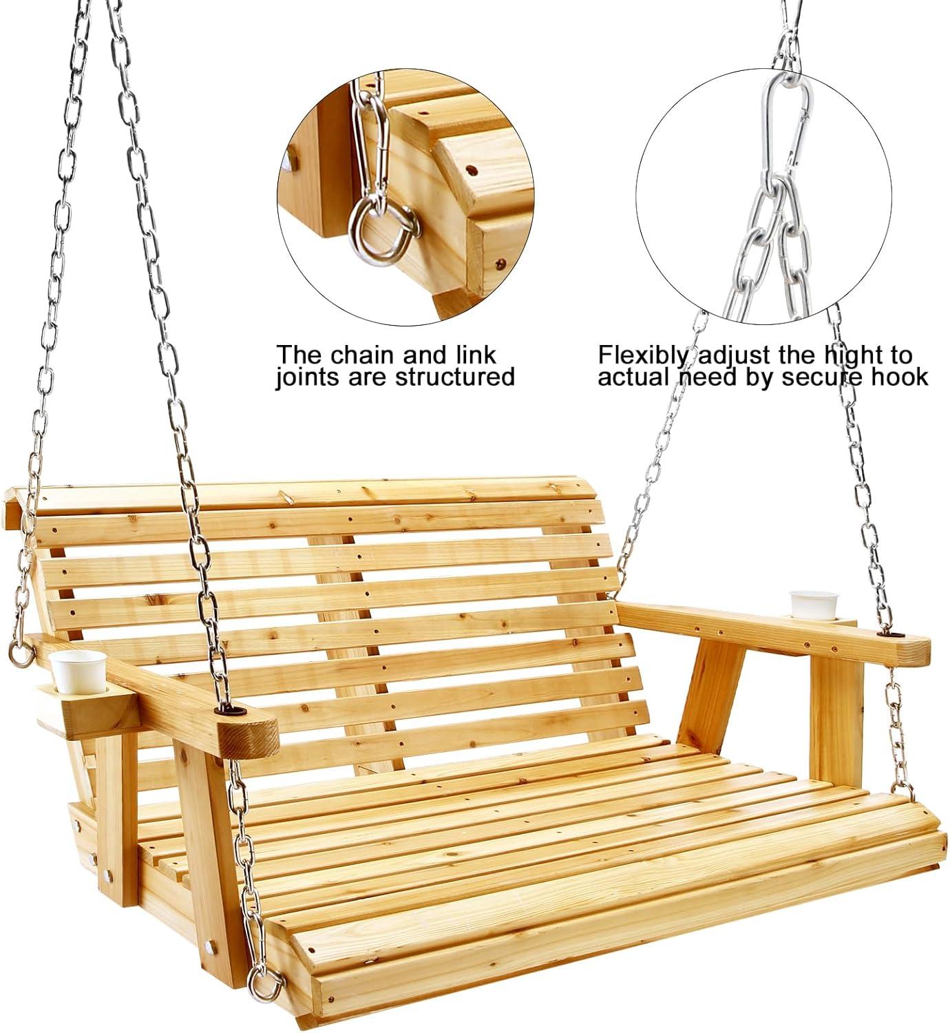 Ataucjin Wooden Porch Swing With Hanging Chain 2-Seater Patio Swing Chair With Cup Holders Heavy Duty Outdoor Swing Bench For Courtyard Garden Balcony