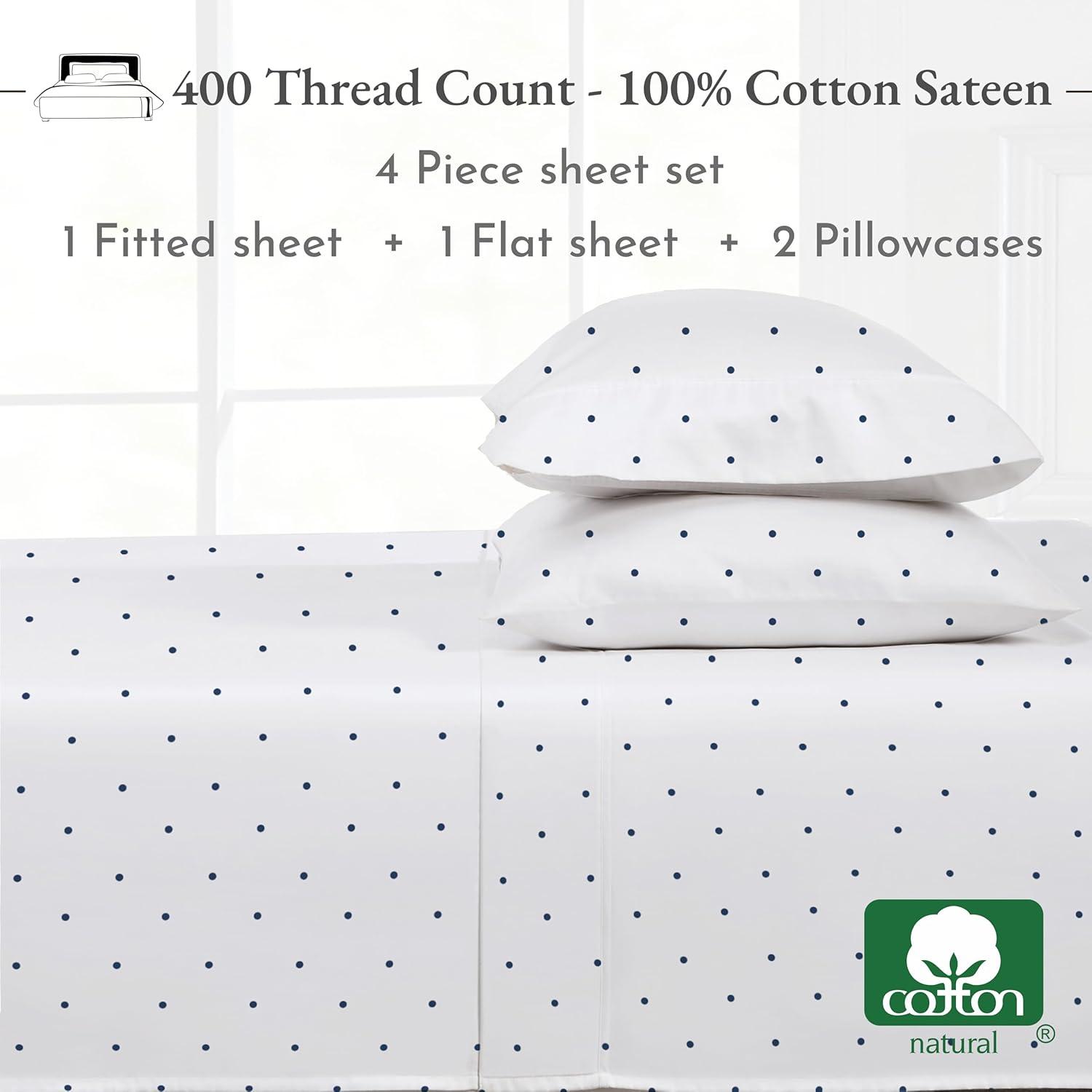 400 Thread Count 100% Cotton Printed Navy Dot Blue 4 Piece Sheet Set - King - California Design Den