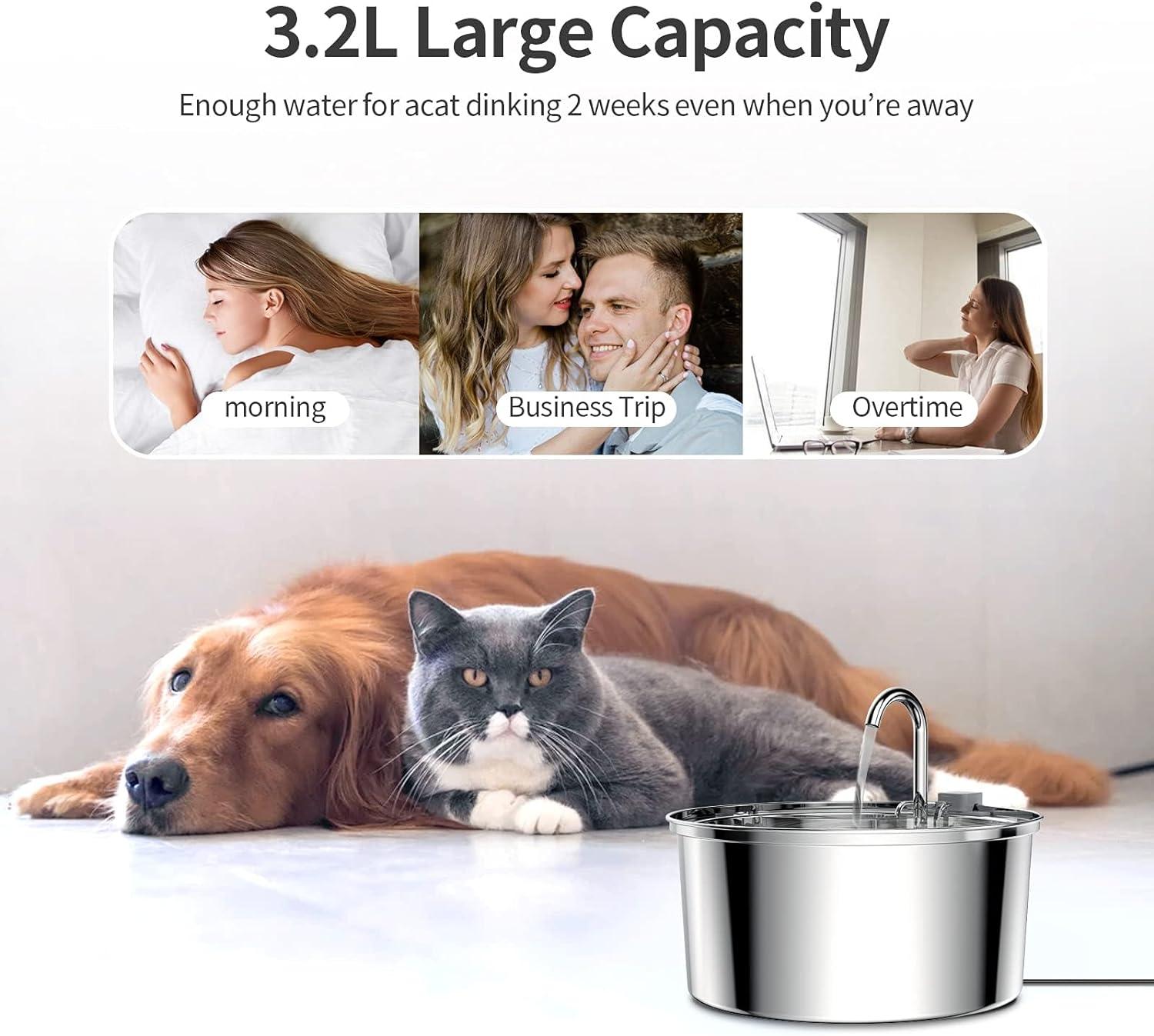 Oiwliur Cat Water Fountain, 3.2L/108oz Stainless Steel Automatic Water Dispenser, Pet Water Fountain with Ultra-Quite Pump and 3 Replacement Filters for Cats, Dogs, and Multiple Pets (Silver) C9