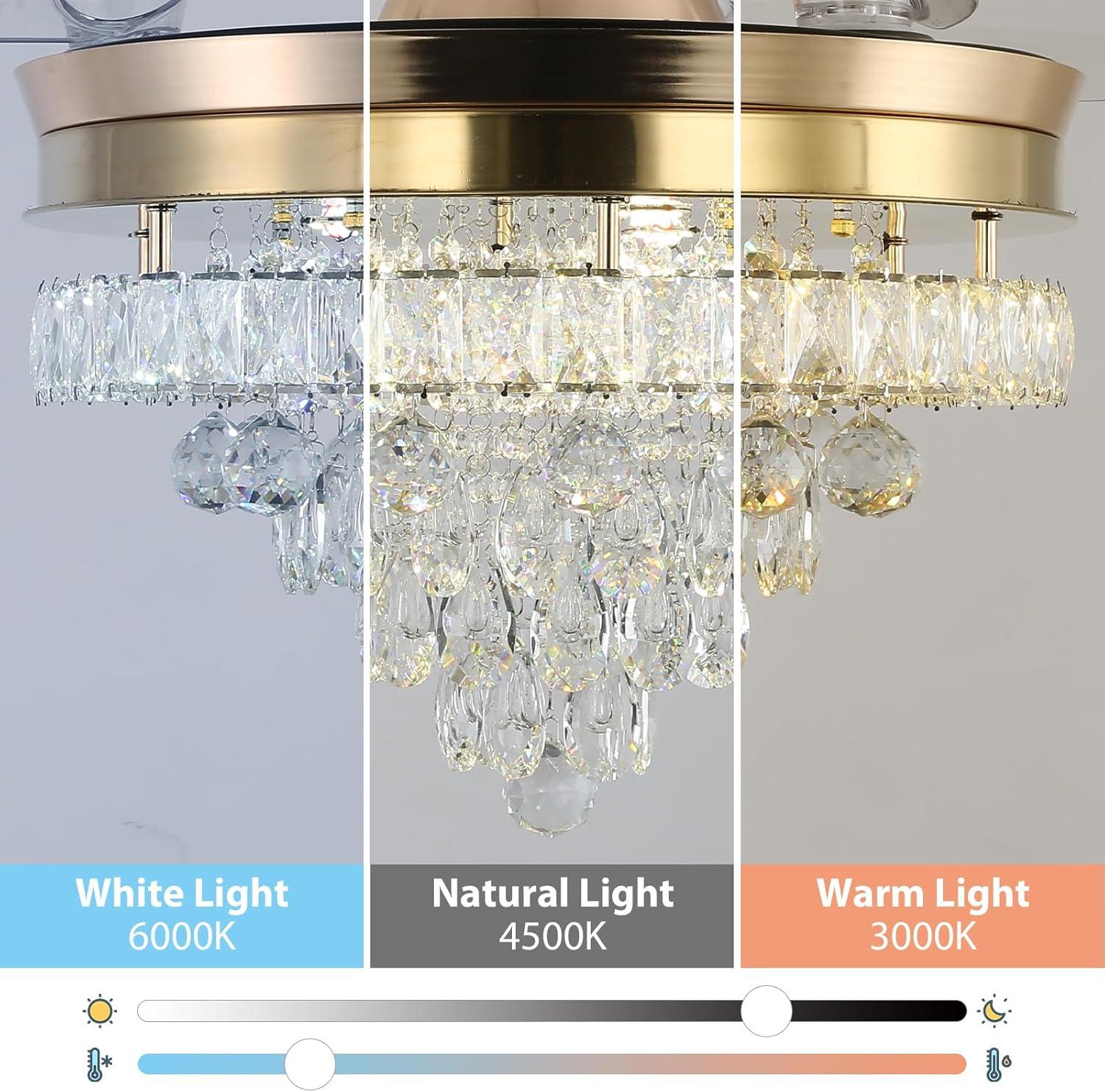 42 in. Indoor Gold Smart Retractable Crystal Ceiling Fan with Adjustable LED Light Included with Remote