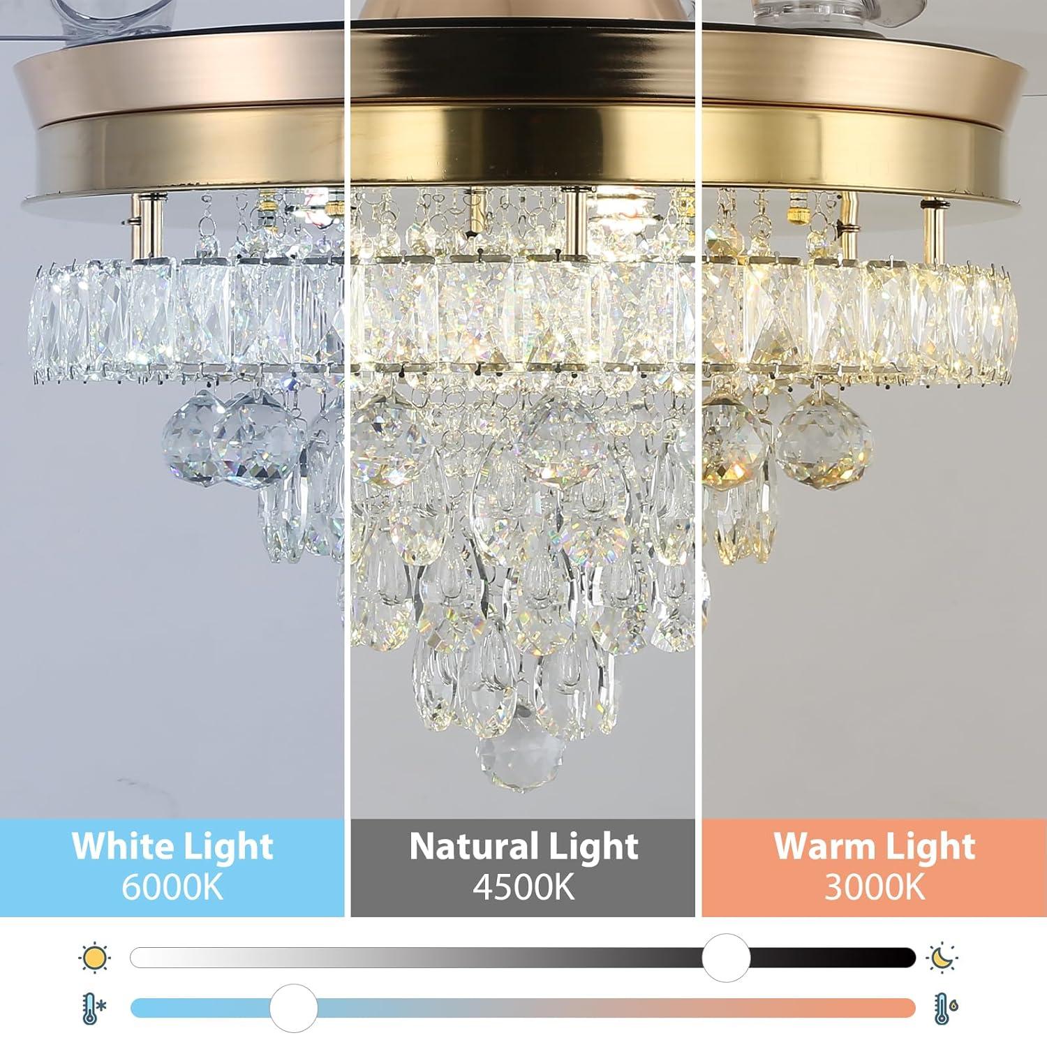 42 in. Indoor Gold Smart Retractable Crystal Ceiling Fan with Adjustable LED Light Included with Remote