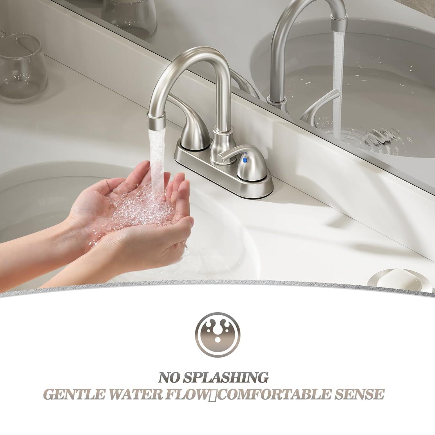 Phiestina Centerset 4 Inch 2 or 3 Holes Brushed Nickel Bathroom Faucet, Vanity Sink Faucet with 360 Swivel Spout, Metal Pop-up Drain and Water Supply Lines, JC180-BN