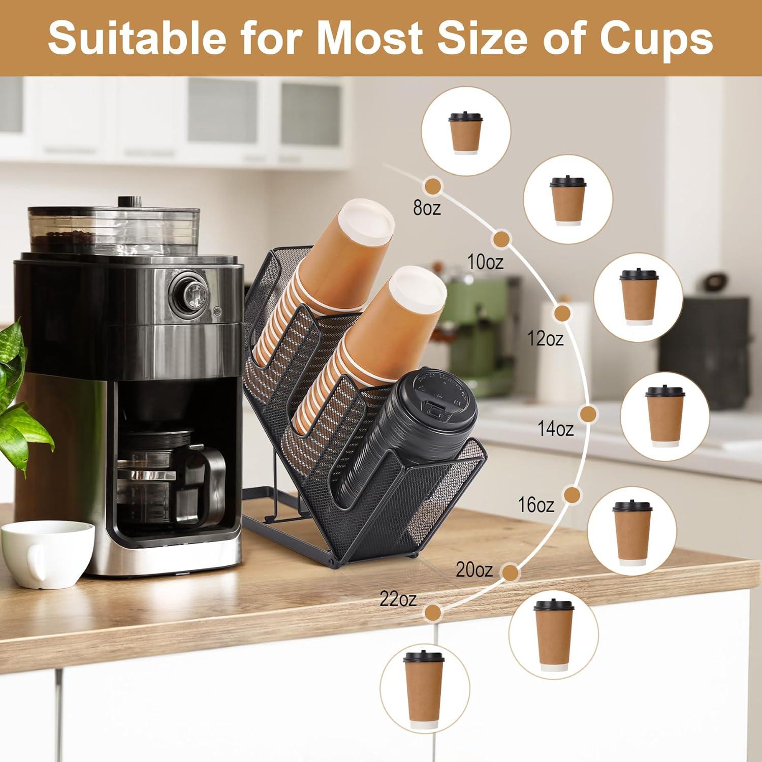 Paper Cup and Lid Holder with Straw Organizer, Disposable Coffee Cup Dispenser for Countertop Coffee Station Bar Restaurant Breakroom, Black