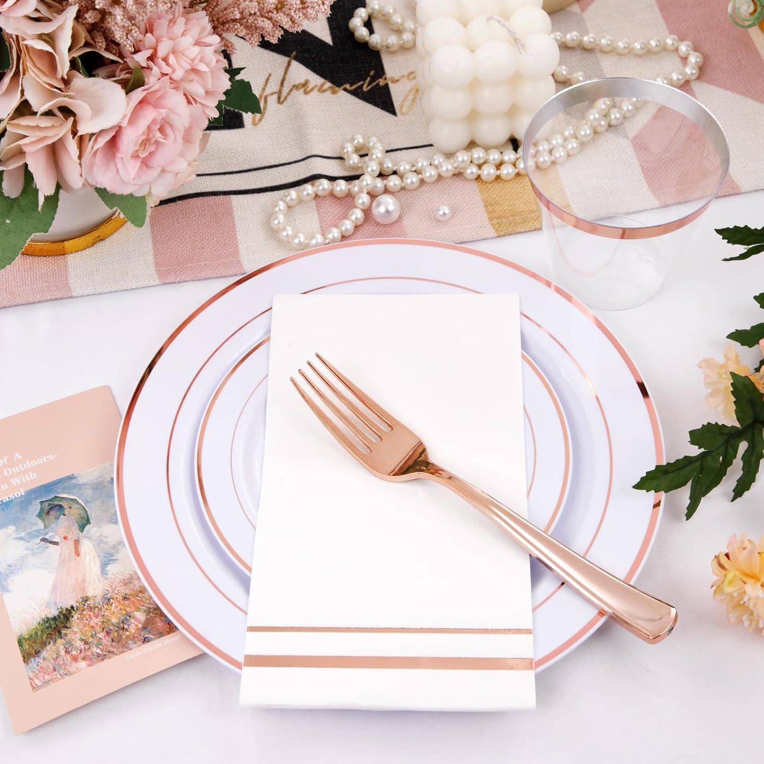 Rose Gold and Clear Plastic Dinnerware Set for 50 Guests