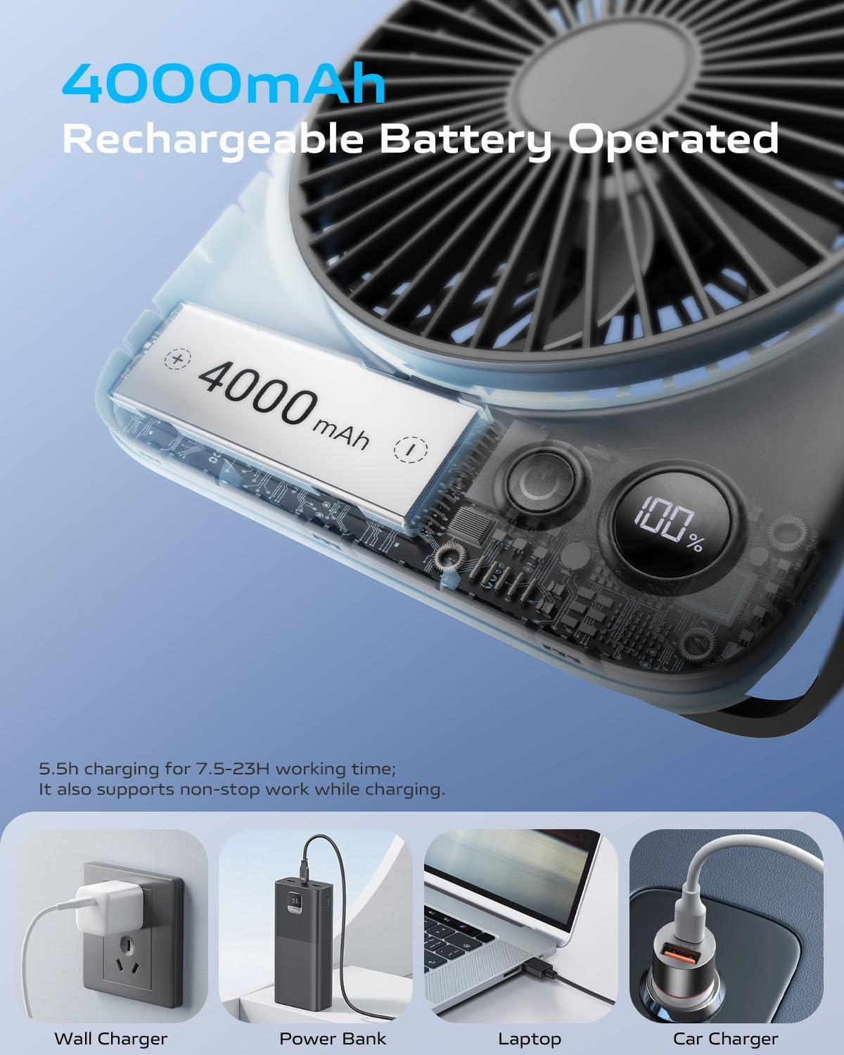 Black Slim Foldable Battery-Powered Desk Fan with USB Charging