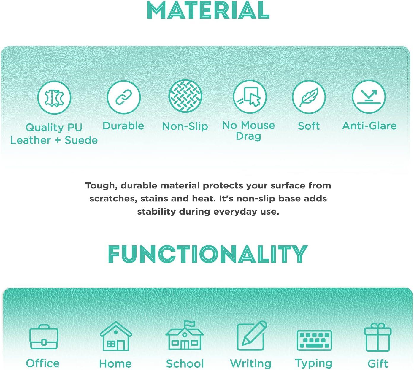 FTC PU Leather Desk Pad and Blotter, Non-Slip Flannelette Base, Stitched, Mouse and Writing Mat - 31.5” x 15.75” Turquoise