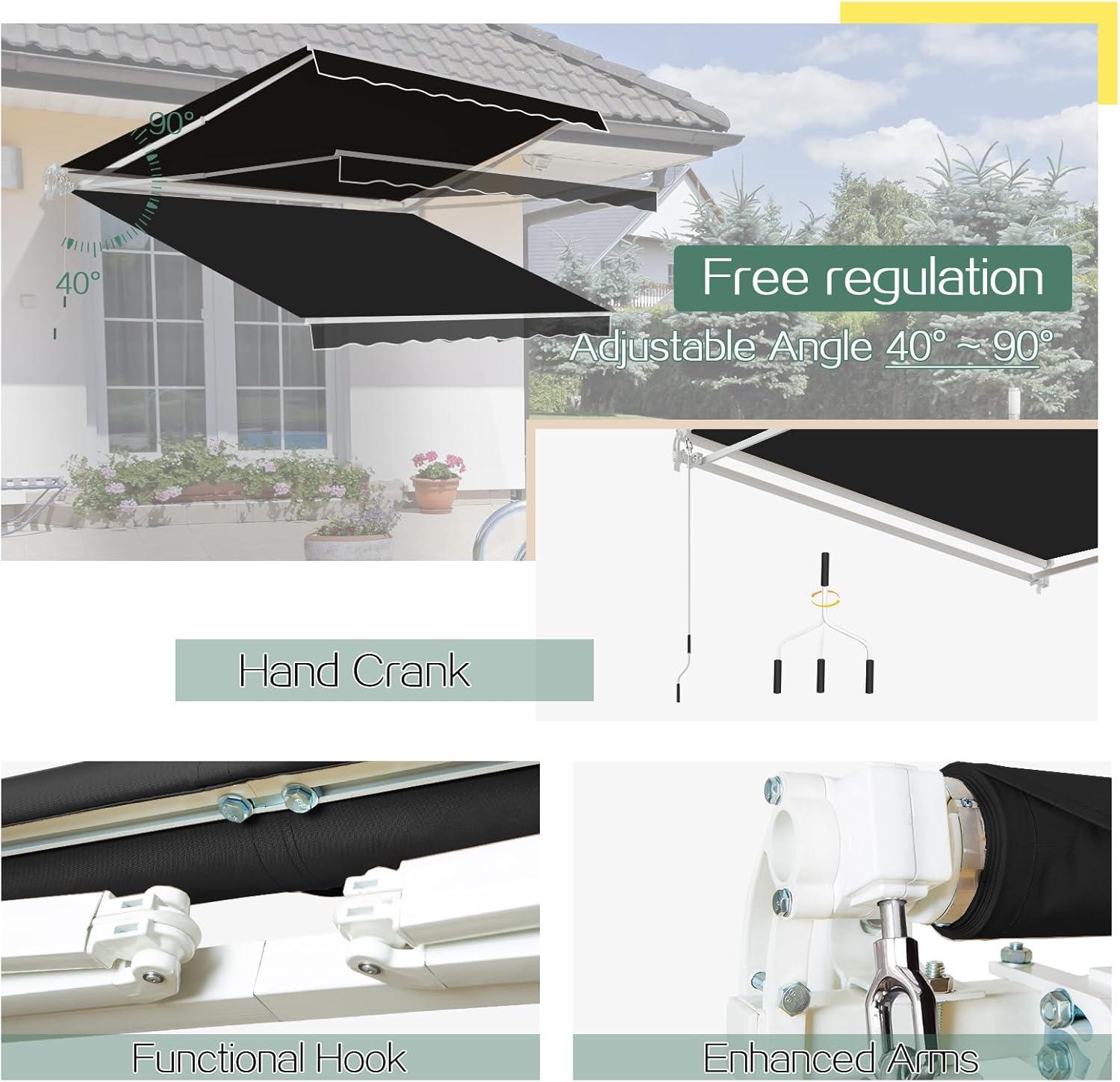 Black Polyester Retractable Patio Awning with Crank Handle