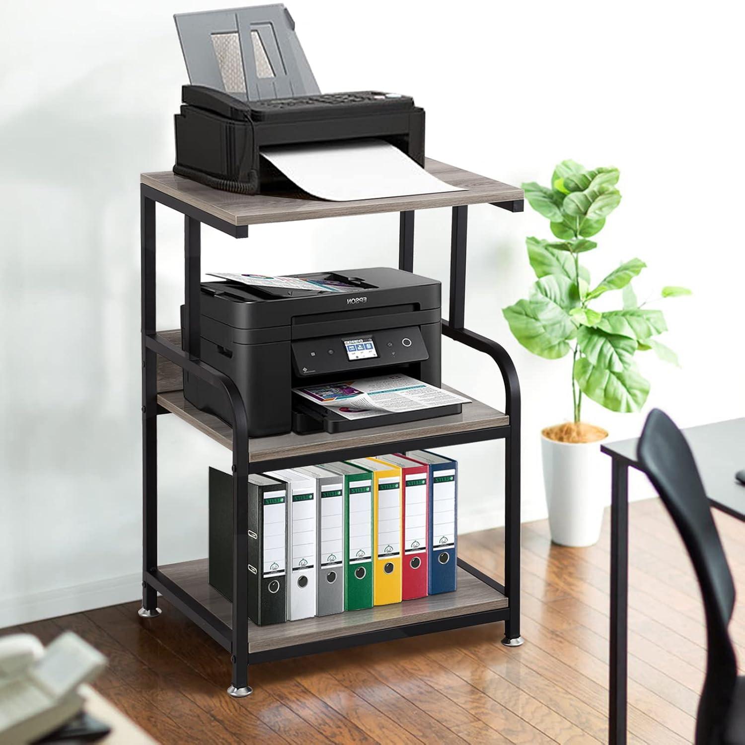 3-Tier Mobile Printer Stand on Wheels with Storage Shelves Industrial Style Machine Cart Organizer Table for Office and Home Slate Grey Wood and Black Metal Finished