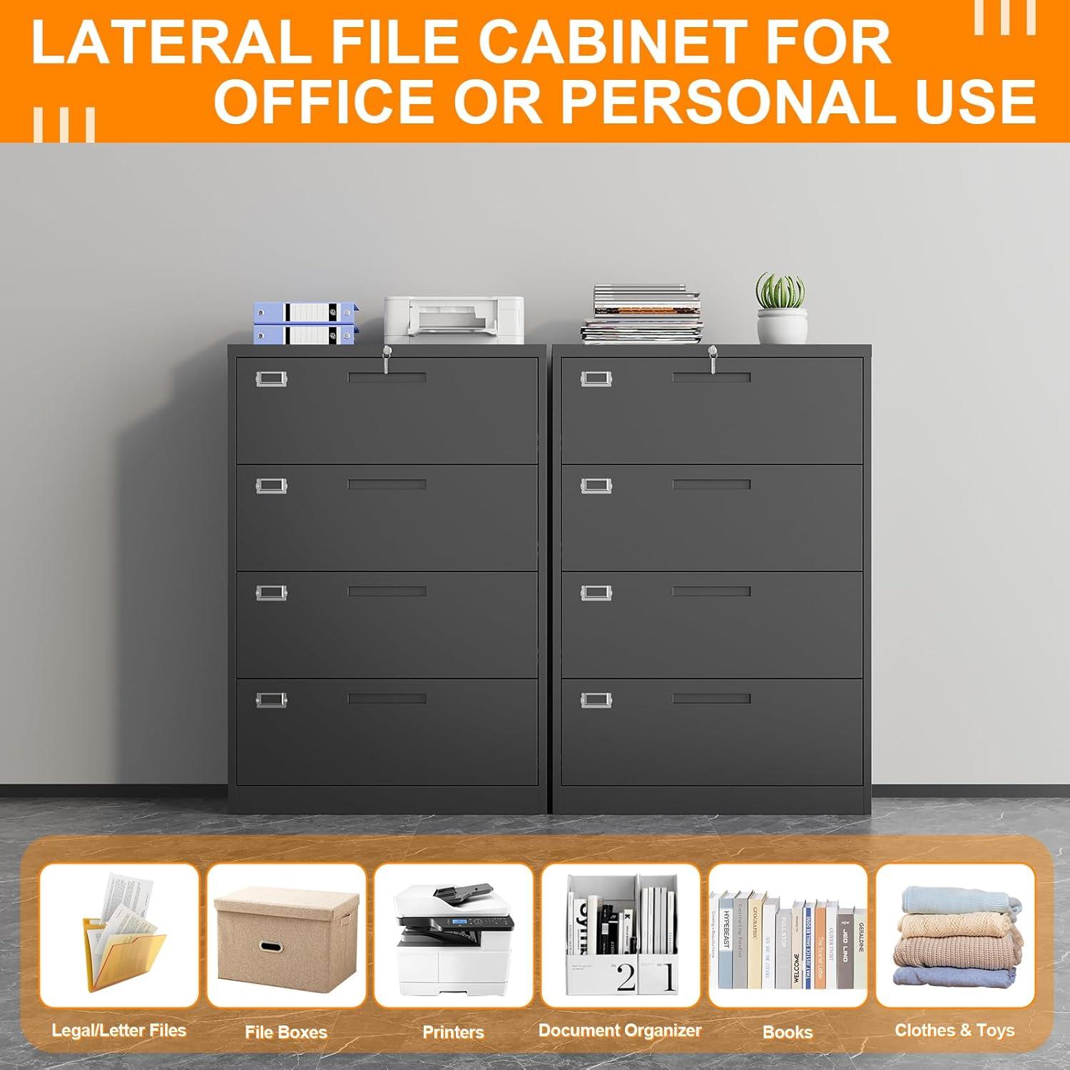 Letaya File Cabinets,4 Drawer Metal Lateral Filing Organization Storage Cabinets with Lock,Home Office for Hanging Files Letter/Legal/F4/A4 Size (Require Assembly)