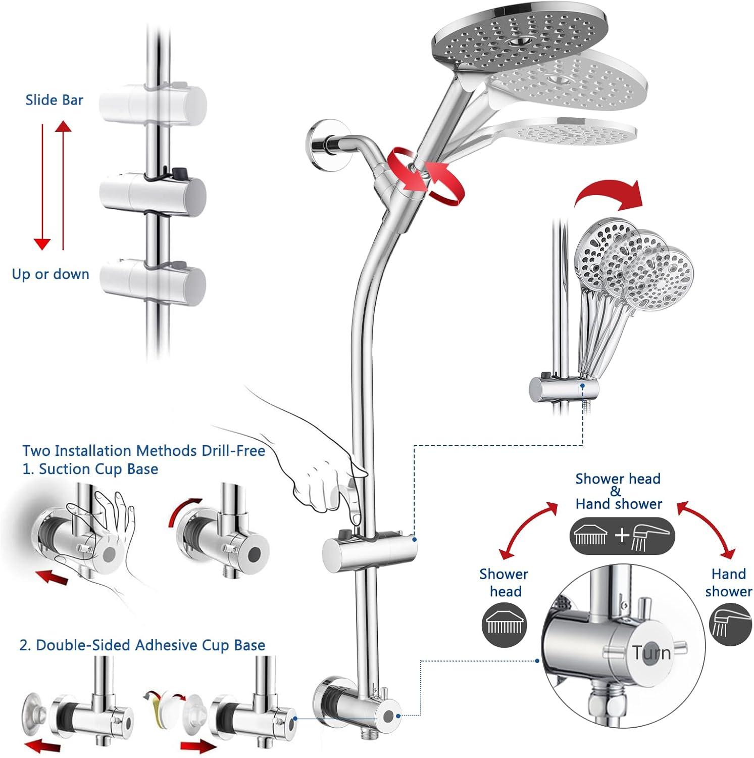 Rainfall Shower Head with Handheld Shower Spray, with 26" Drill Free Adjustable Height Slider Bar, High Pressure Dual Shower Head Combo, 3-Way Diverter for Easy Reach, 5Ft Hose - Chrome Finish