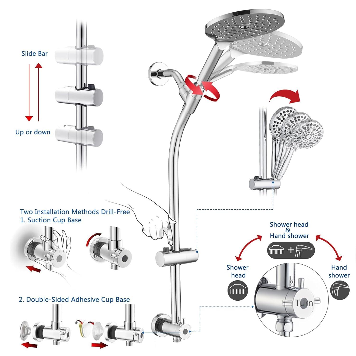 Rainfall Shower Head with Handheld Shower Spray, with 26" Drill Free Adjustable Height Slider Bar, High Pressure Dual Shower Head Combo, 3-Way Diverter for Easy Reach, 5Ft Hose - Chrome Finish