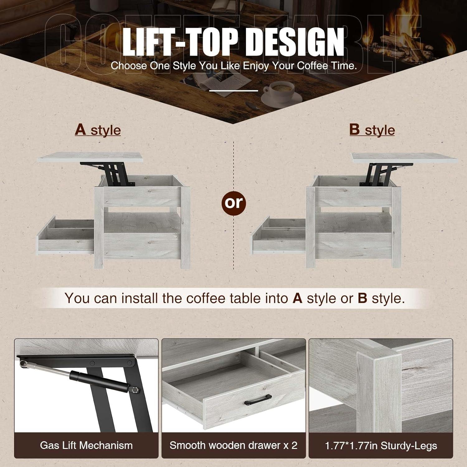 Gray Wood Lift-Top Coffee Table with Storage Drawers