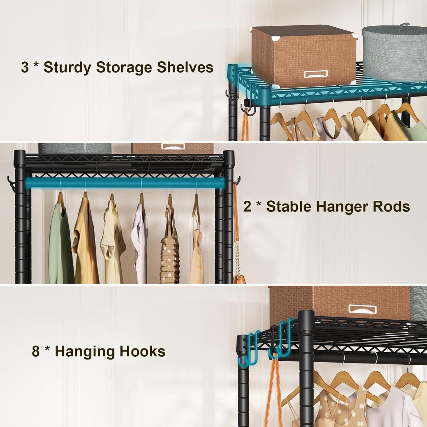 Heavy Duty Clothes Rack Rolling Garment Rack,3 Tier Adjustable Wire Shelving Clothing Racks for Hanging Clothes with Double Rods&Side Hooks,Freestanding Wardrobe Storage Rack Metal Portable Closet