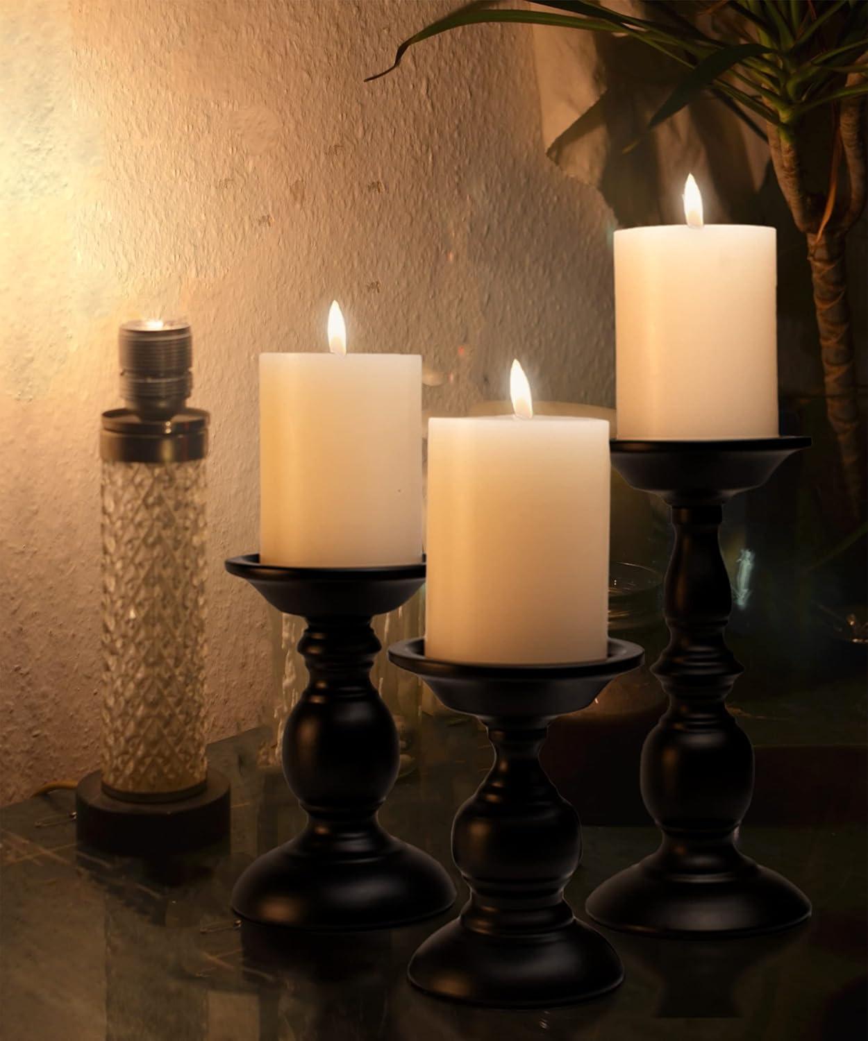 Black Metal Pillar Candle Holders Set of 3,Decorative Candlestick Candle Holders Stand, Retro Candle Holder Centerpiece for Bedroom Livingroom Wedding,5.3/6.8/9.1 Inches