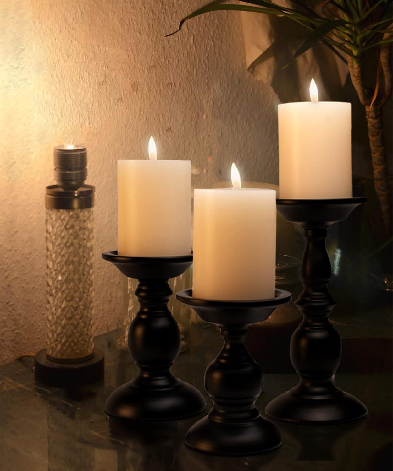 3 Pcs Black Metal Pillar Candle Holder, Iron Candle Stands, 5.3/6.8/9.1 Inches Tall Pillar Candle Holder Set,Scented Candle Stands, Retro Table Centerpiece Decor for Fireplace