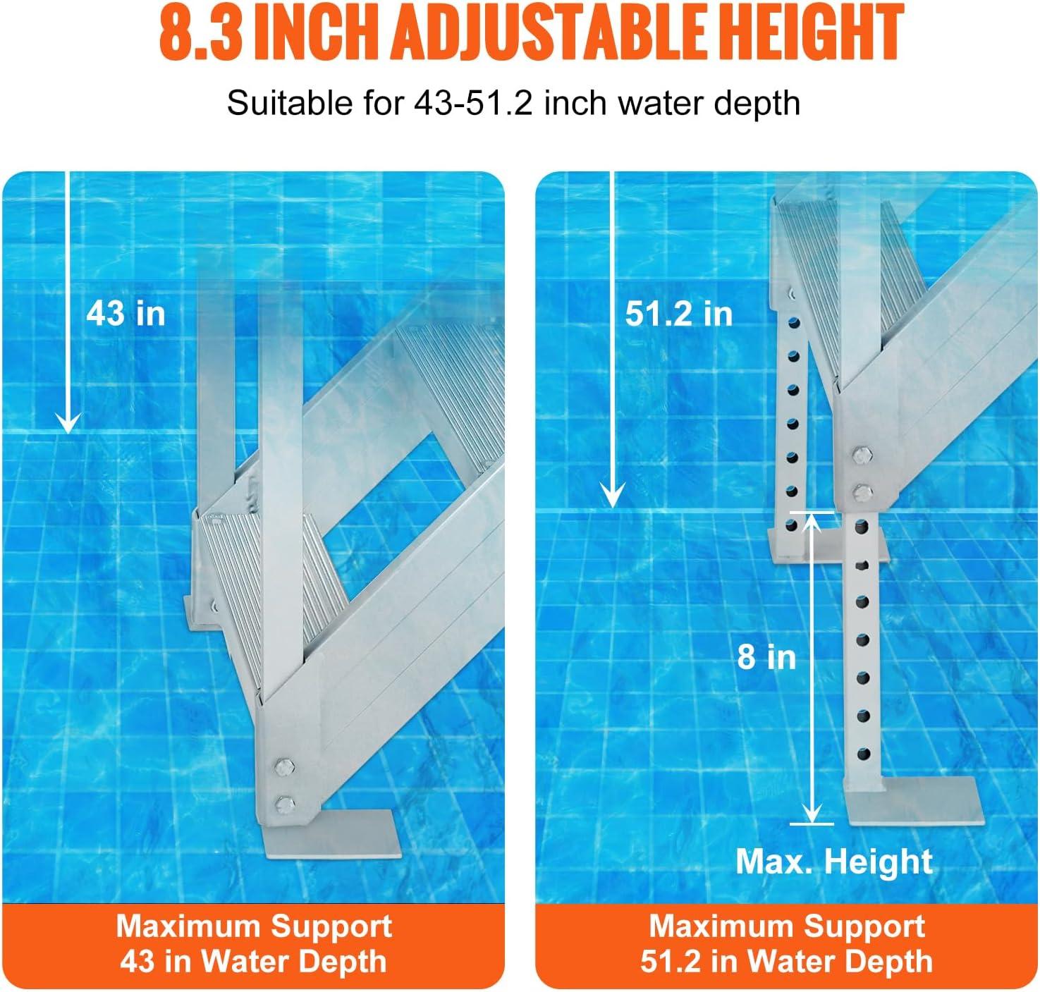VEVOR Dock Stairs 4 Steps, 500lbs Load Pool Steps, Adjustable Height Aluminum Dock Ladders, Pontoon Boat Ladder with Handrails & Widen Nonslip Pedals for Lake/Pool/Marine Boarding/RV/House
