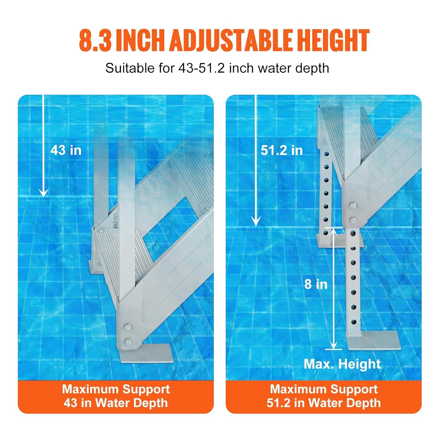 VEVOR Dock Stairs 4 Steps, 500lbs Load Pool Steps, Adjustable Height Aluminum Dock Ladders, Pontoon Boat Ladder with Handrails & Widen Nonslip Pedals for Lake/Pool/Marine Boarding/RV/House