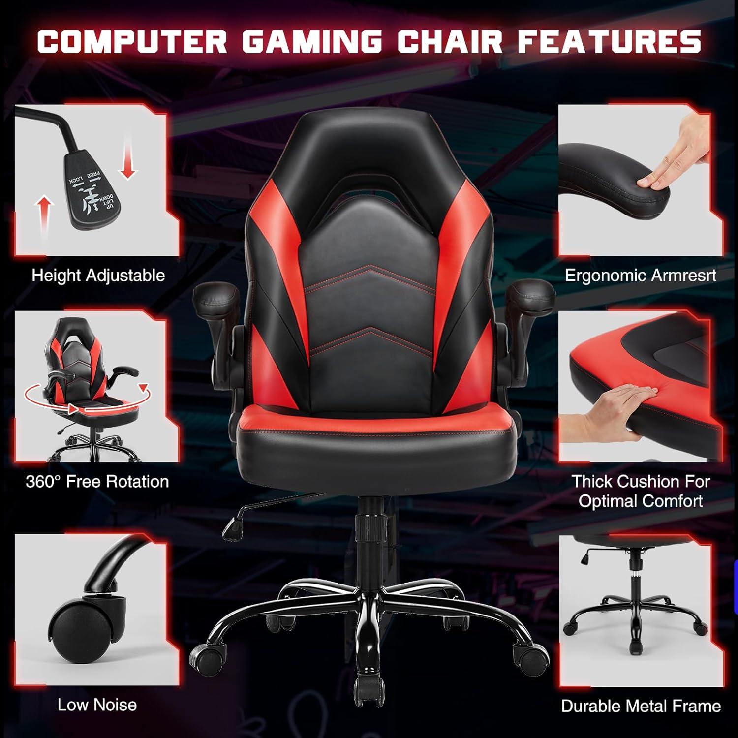 Domiluxe Ergonomic Computer Gaming Chair - Home Office Desk with PU Leather Lumbar Support,Height Adjustable with Flip-up Armrest,Swivel Wheels for Adults and Teens,Black＆Red