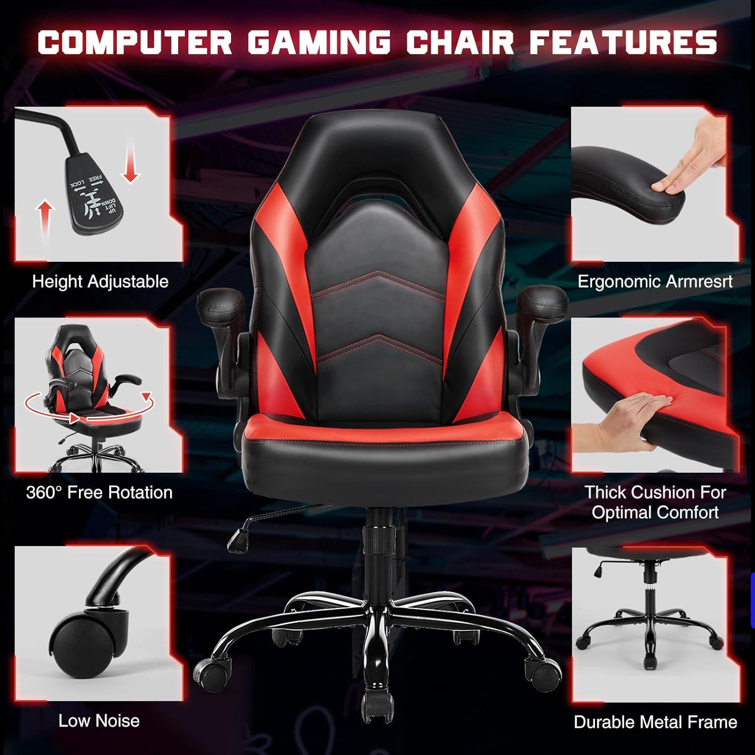 Domiluxe Ergonomic Computer Gaming Chair - Home Office Desk with PU Leather Lumbar Support,Height Adjustable with Flip-up Armrest,Swivel Wheels for Adults and Teens,Black＆Red