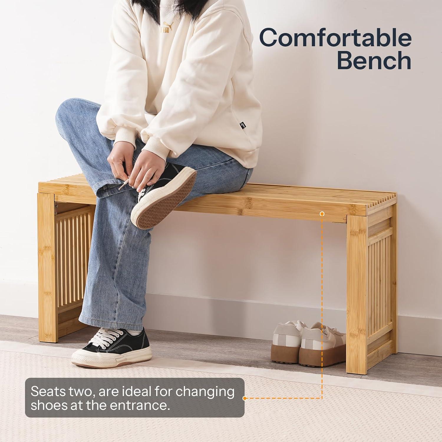 George Oliver Bamboo Dining Bench, 35 Inch Farmhouse Decor Indoor Kitchen Table Bench, Entryway Shoe Rack Bench, Outdoor Bench, Solid Bamboo Benches For Living Room, Hallway, Bedroom, Bathroom