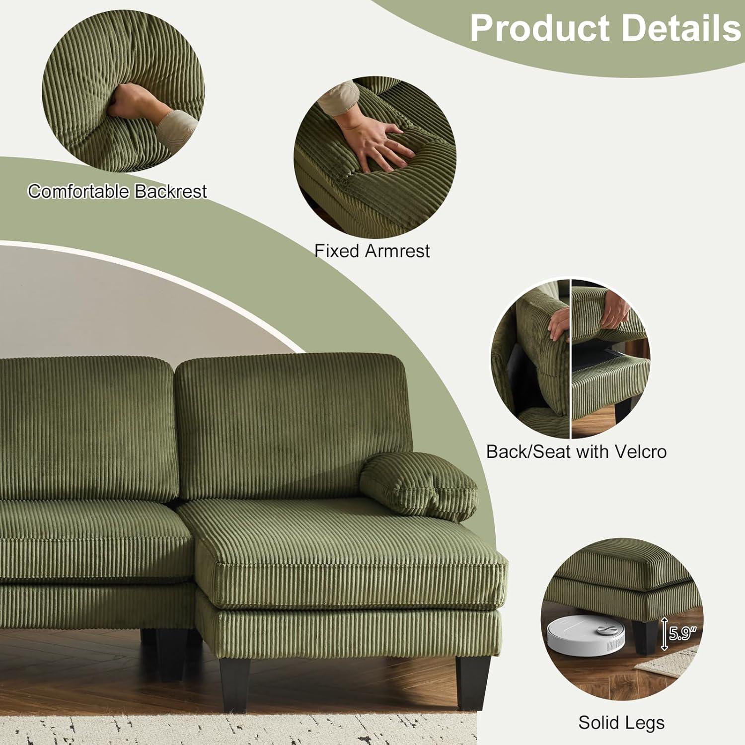 Ktaxon U-Shaped Sectional Sofa, 111"  Corduroy Couch, 4 Seat Lounge Sleeper with Double Chaise for Living Room Green