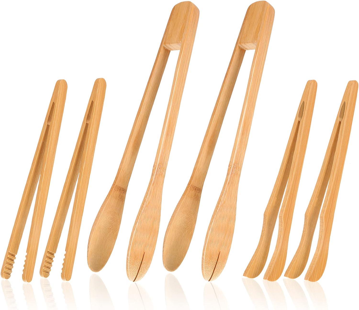 Zopeal 6 Pcs Bamboo Utensils for Cooking Wooden Toaster Tongs Long Kitchen Cooking Salad Tongs for Picking up Cheese Bacon Toast Cake Fruits Bread Spaghetti for Kitchen Women Men