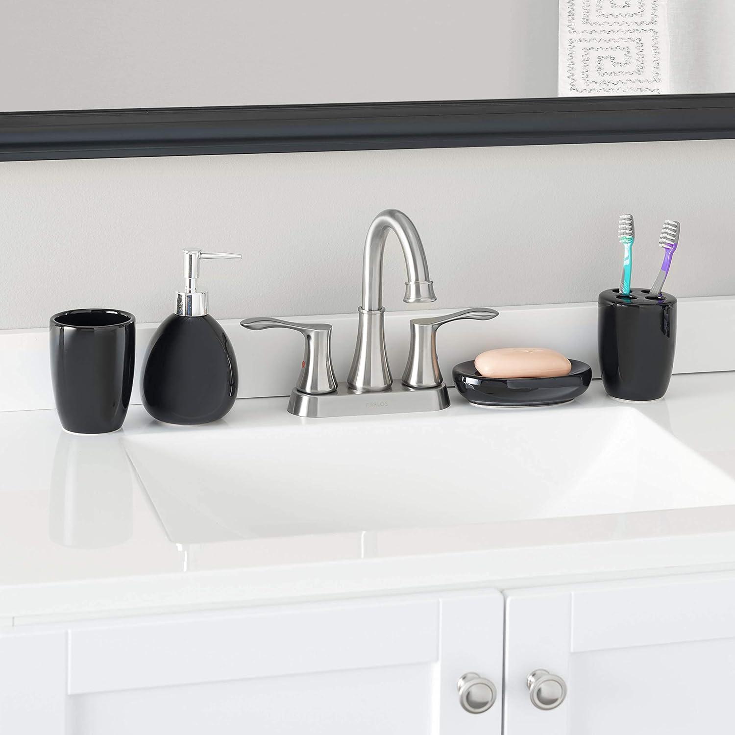 Home Basics 4 Piece Solid Print Ceramic Bath Accessories Sets, Black