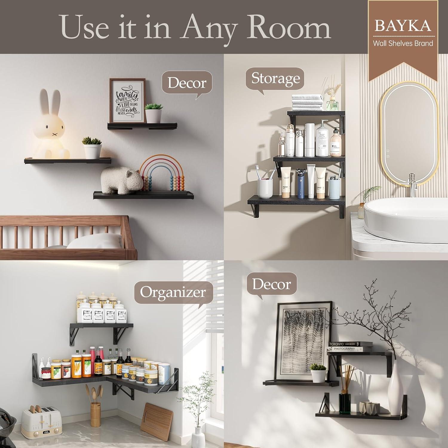 BAYKA Wall Mounted Floating Shelves, Wood Floating Wall Shelf for Books & Decor, Small Space-Saving Display & Organizer（Black，Set of 3）