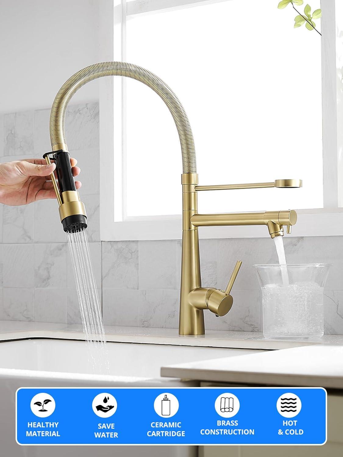 Brushed Gold Brass Kitchen Faucet with Pull-Out Spray