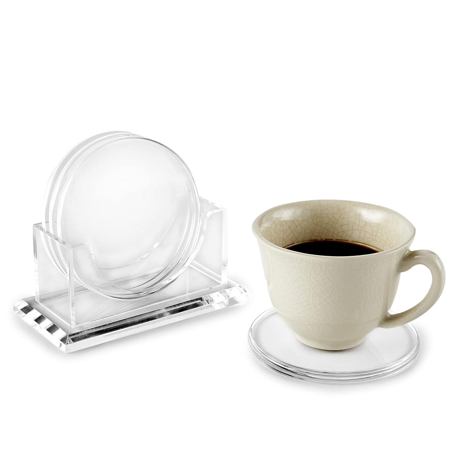 Juvale Set of 4 Clear Blank Acrylic Drink Coasters with Stand Holder, Round 4 inch