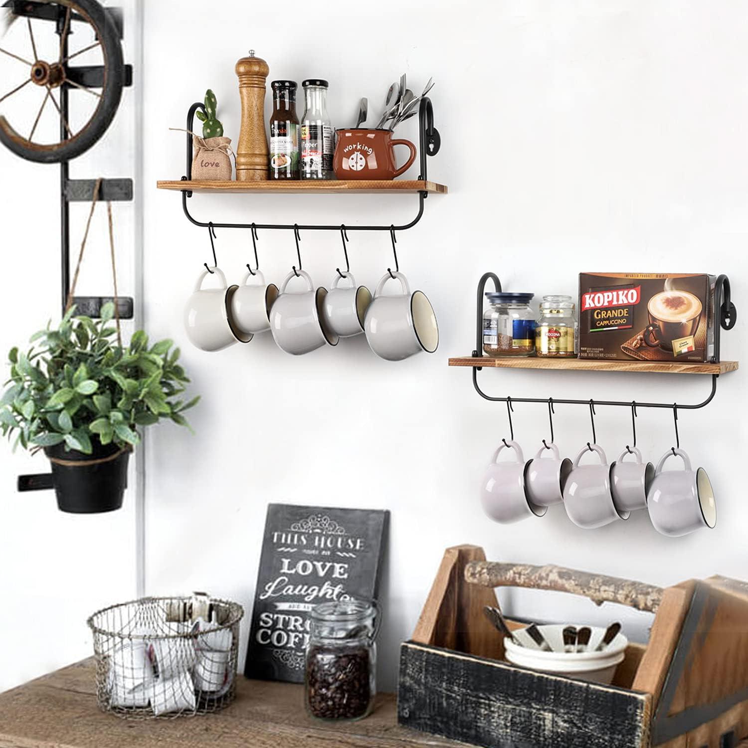 Carbonized Black Wood Floating Kitchen Shelves with Hooks