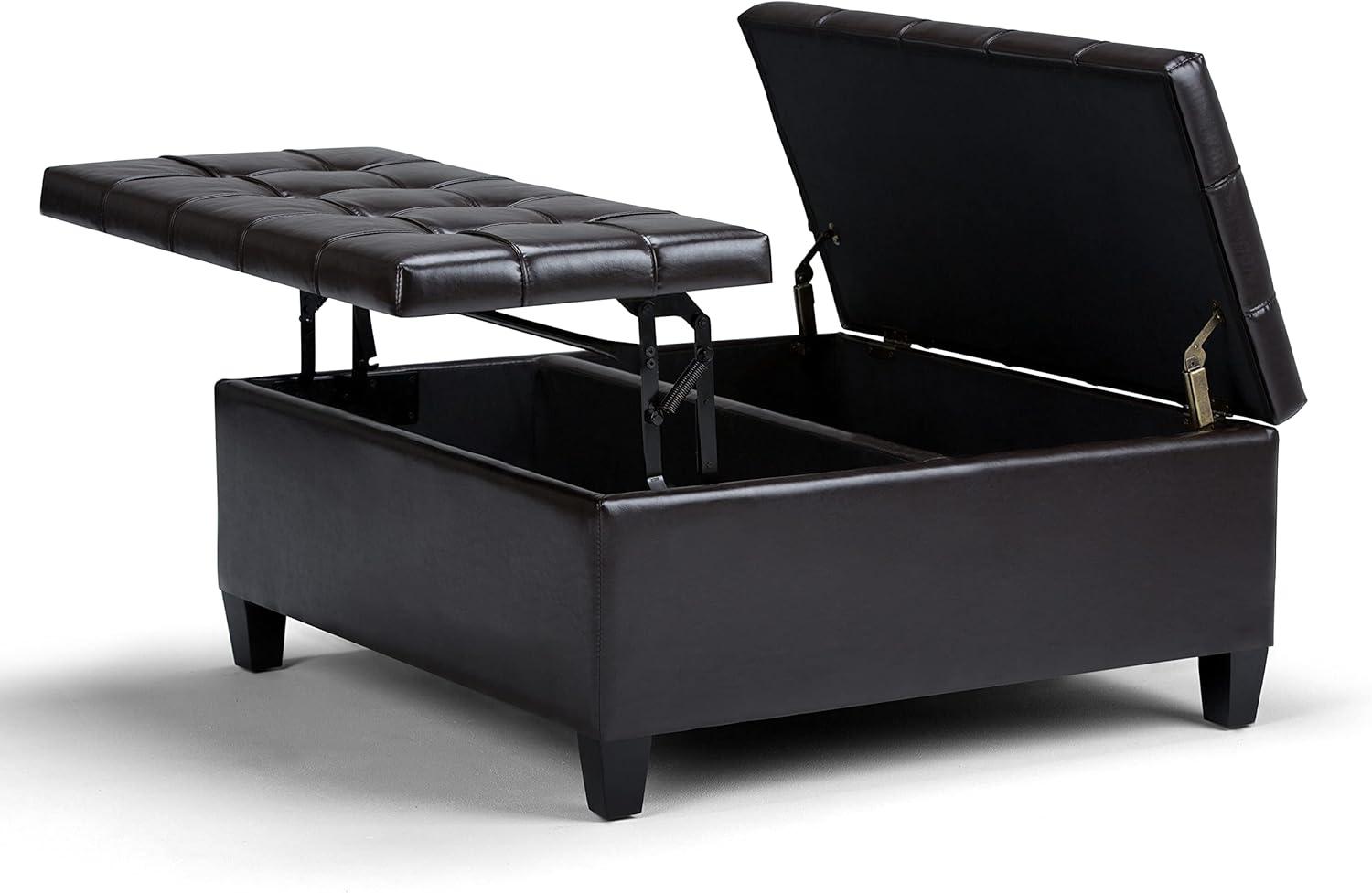 Simpli Home Harrison 36"W Upholstered Square Coffee Table Storage Ottoman with Split Lift Top