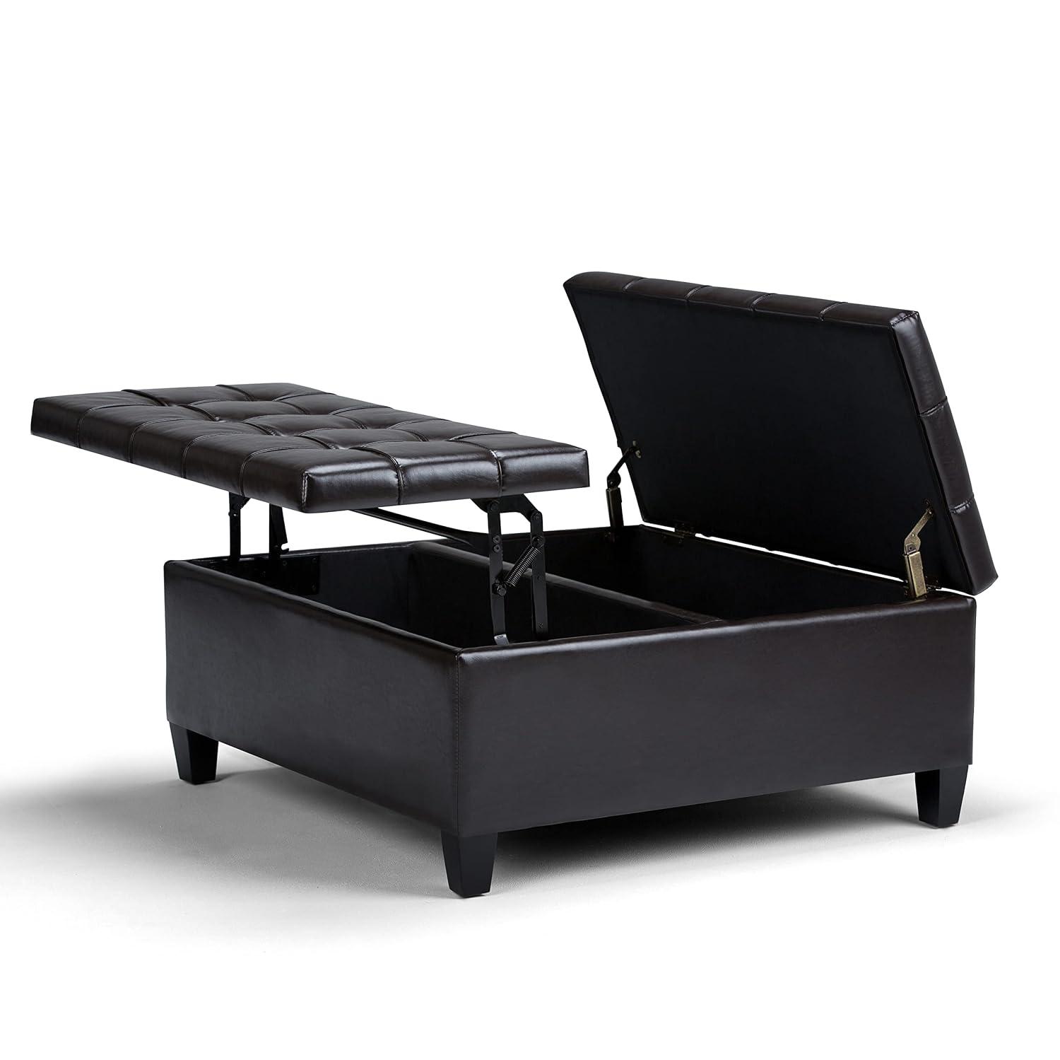 Simpli Home Harrison 36"W Upholstered Square Coffee Table Storage Ottoman with Split Lift Top