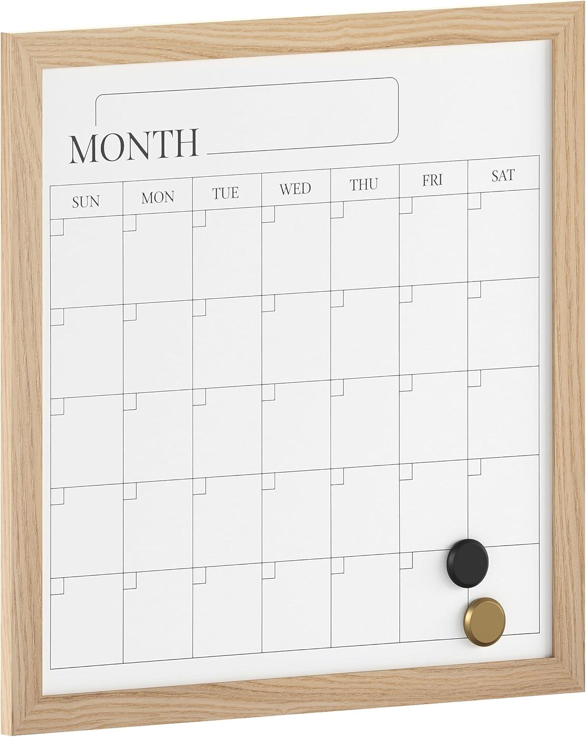 Martha Stewart Everette 18" x 18" Magnetic Monthly Calendar Dry Erase Board with Light Natural Woodgrain Frame, Included Dry Erase Marker and 2 Magnets