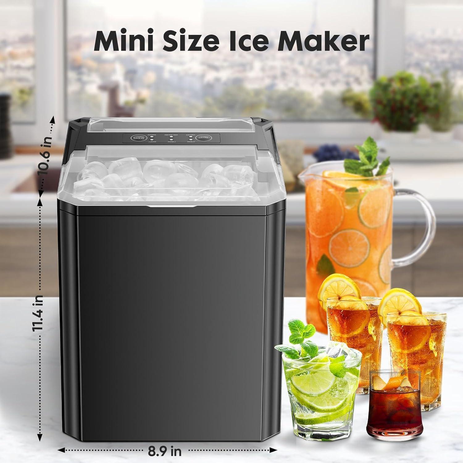 Ice Maker, 9Pcs/6Min, Self-Cleaning Portable Ice Maker Machine, 40 db quieter processing, 26Lbs/24H with Ice Scoop, 2 Sizes Bullet Cubes Makers, Black