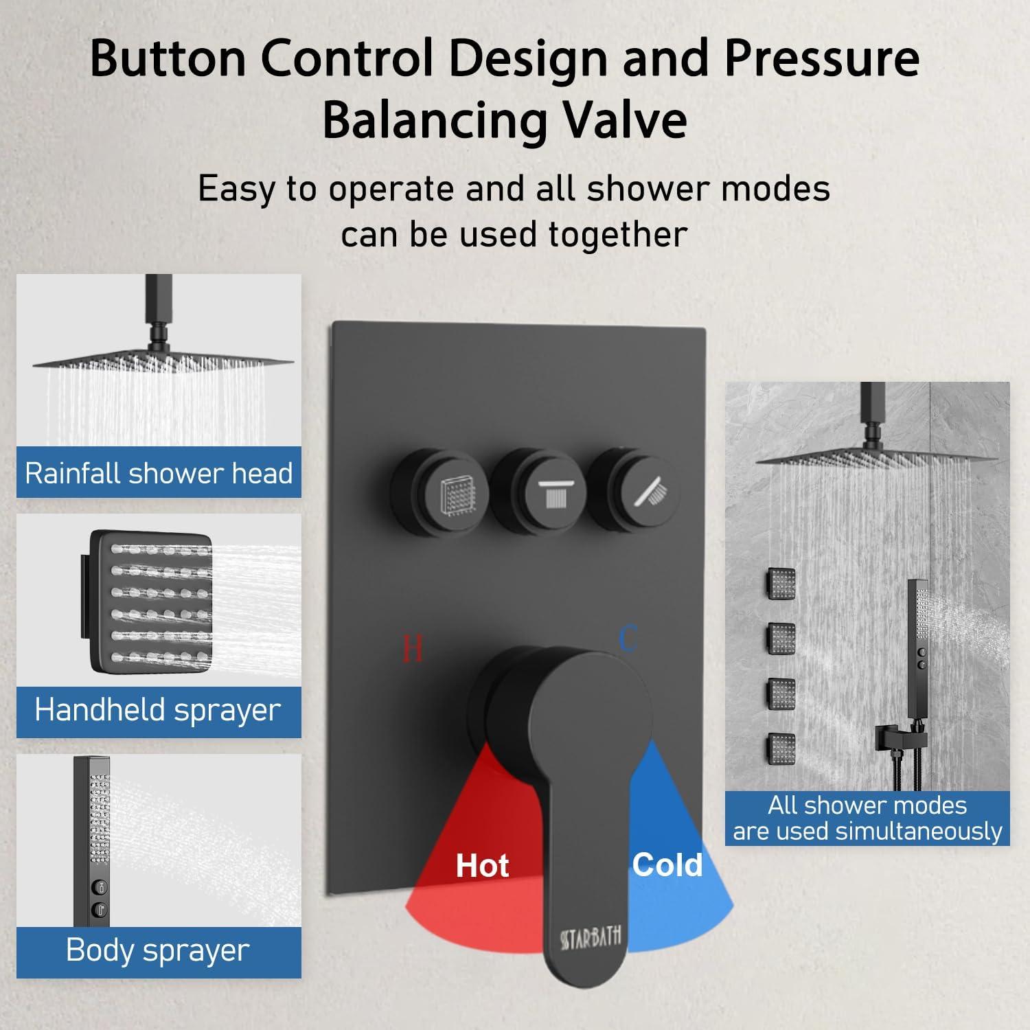Revitalize 3-Function 12 Inch Wall Mount Rainfall Thermostatic Shower System with 6 Body Jets