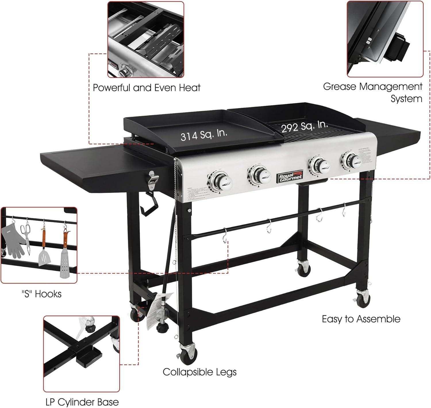 Royal Gourmet 4 - Burner Gas Grill and Griddle Combo with Side Table