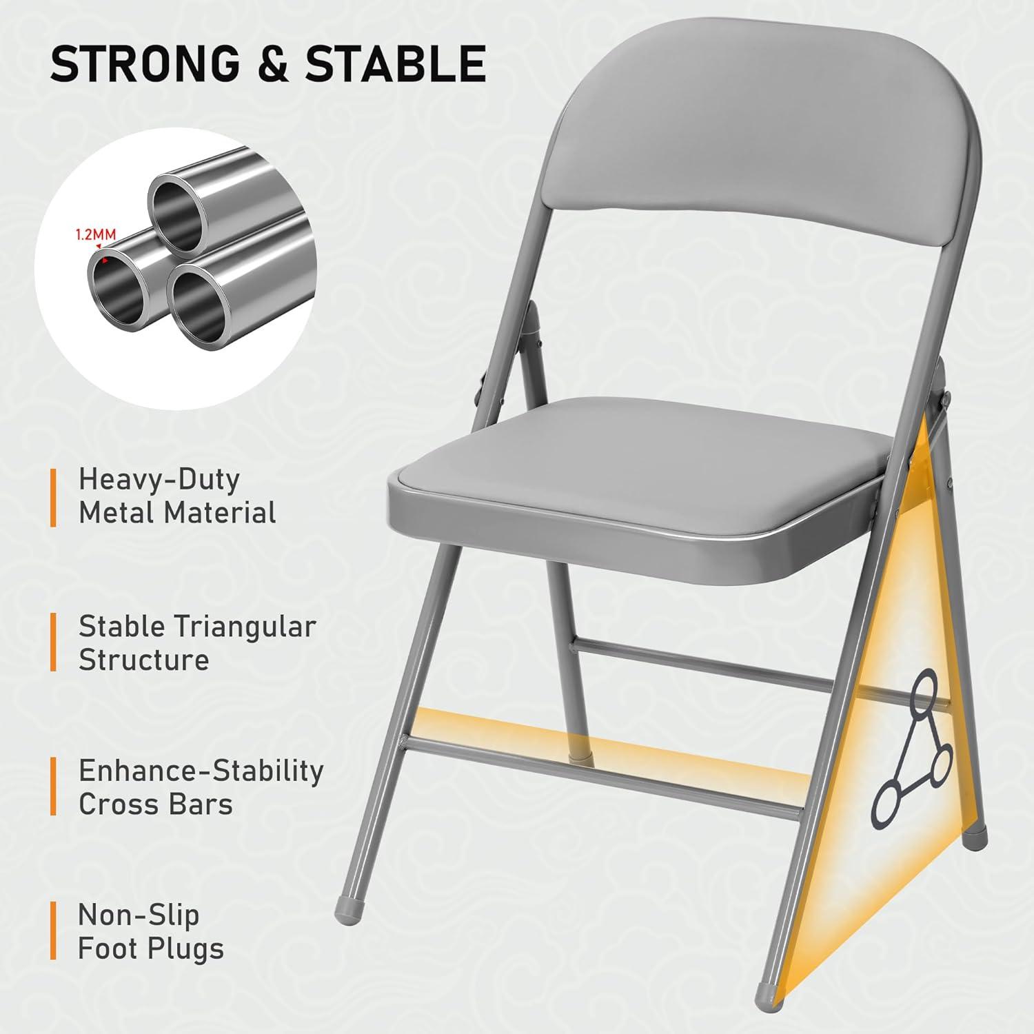 Folding Chairs with Padded Cushion and Back, 4pcs Potable Iron & PVC Durable Chairs for Indoor and Outdoor, School, Office and Garden Party, Gray