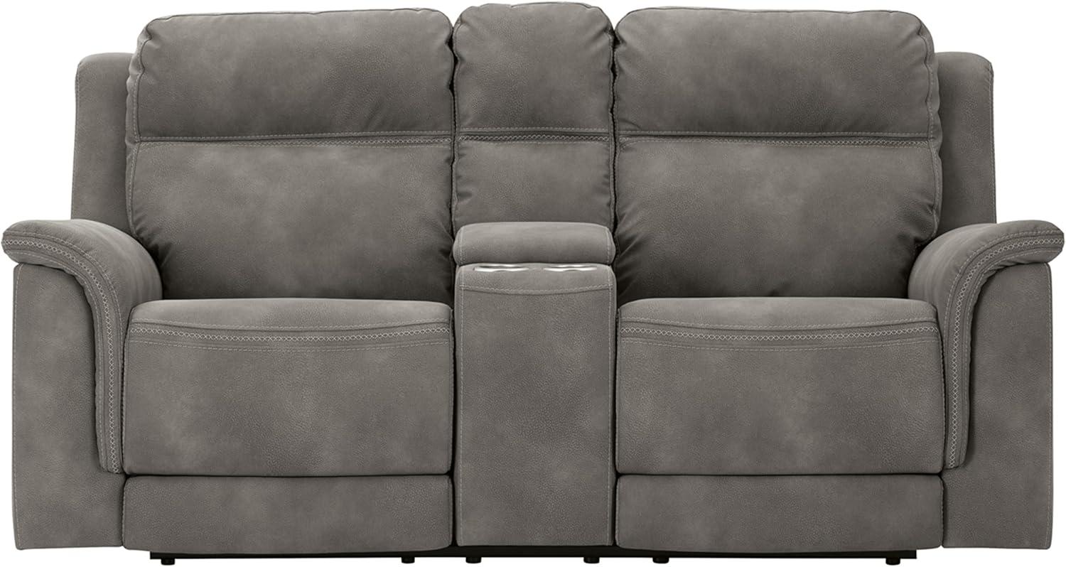 Slate Gray Faux Leather Power Reclining Loveseat with Cup Holder