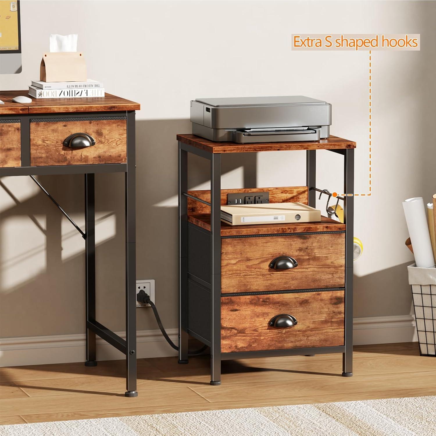Furologee Nightstand Set of 2, Rustic Brown, with Charging Station and USB Ports, Side Tables with 2 Fabric Drawers, Bedside Tables with Storage Shelf & Hooks, for Living Room/Bedroom