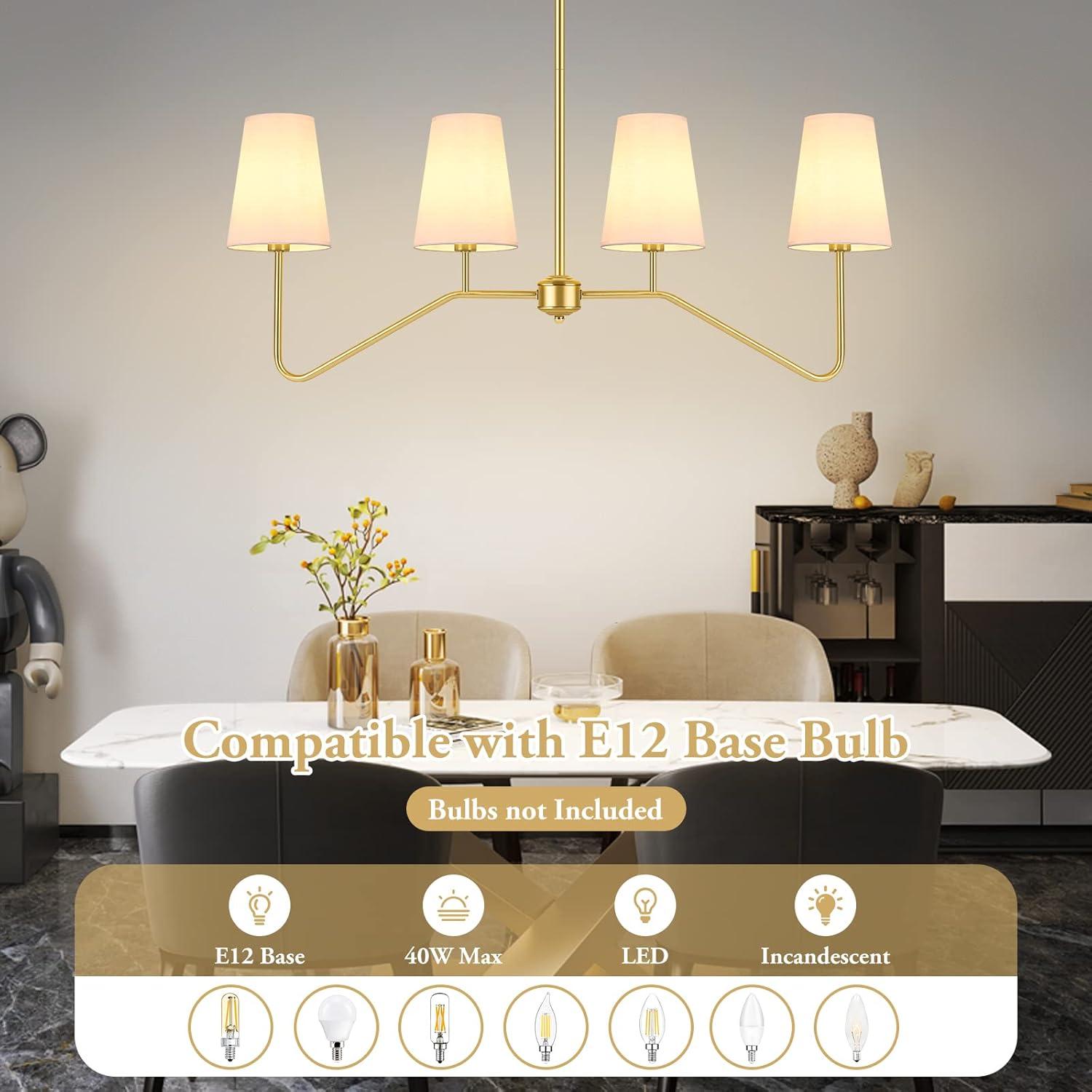 Brightever 4-Light Gold Linear Chandelier, Kicthen Island Light Fixture for Dining Room Over Table, Modern Pendant Lighting with White Fabric Shades for Pool Table, E12 Base (Bulb not Included)