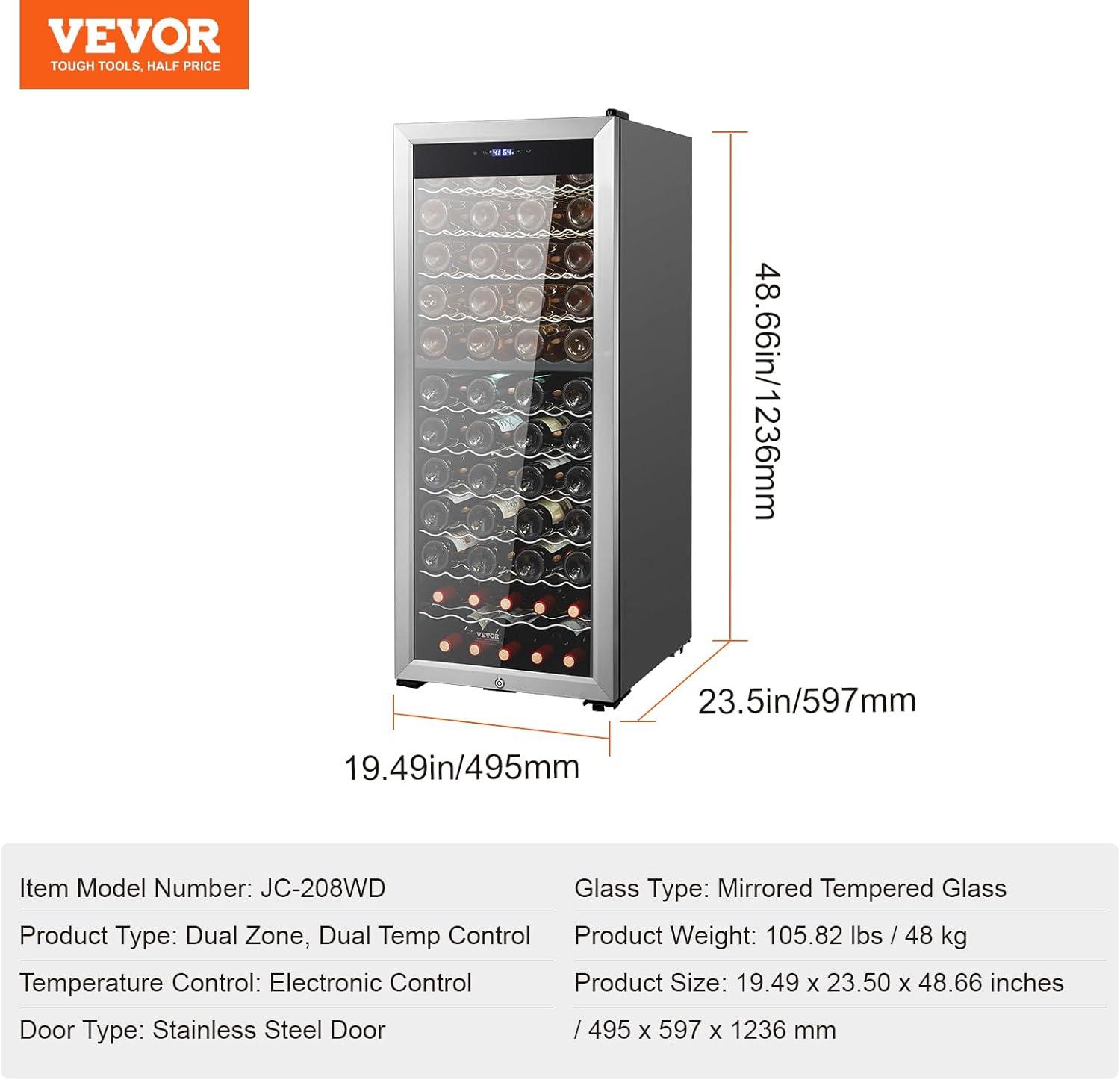 VEVOR 80-Bottle Black and Silver Dual Zone Wine Cooler with Interior Lighting