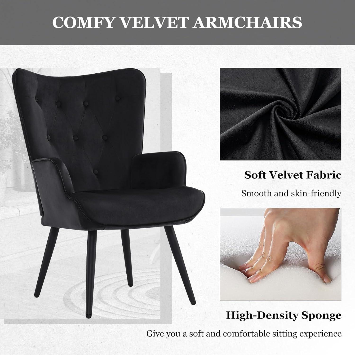 Black Velvet Wingback Accent Chair with Wood Legs