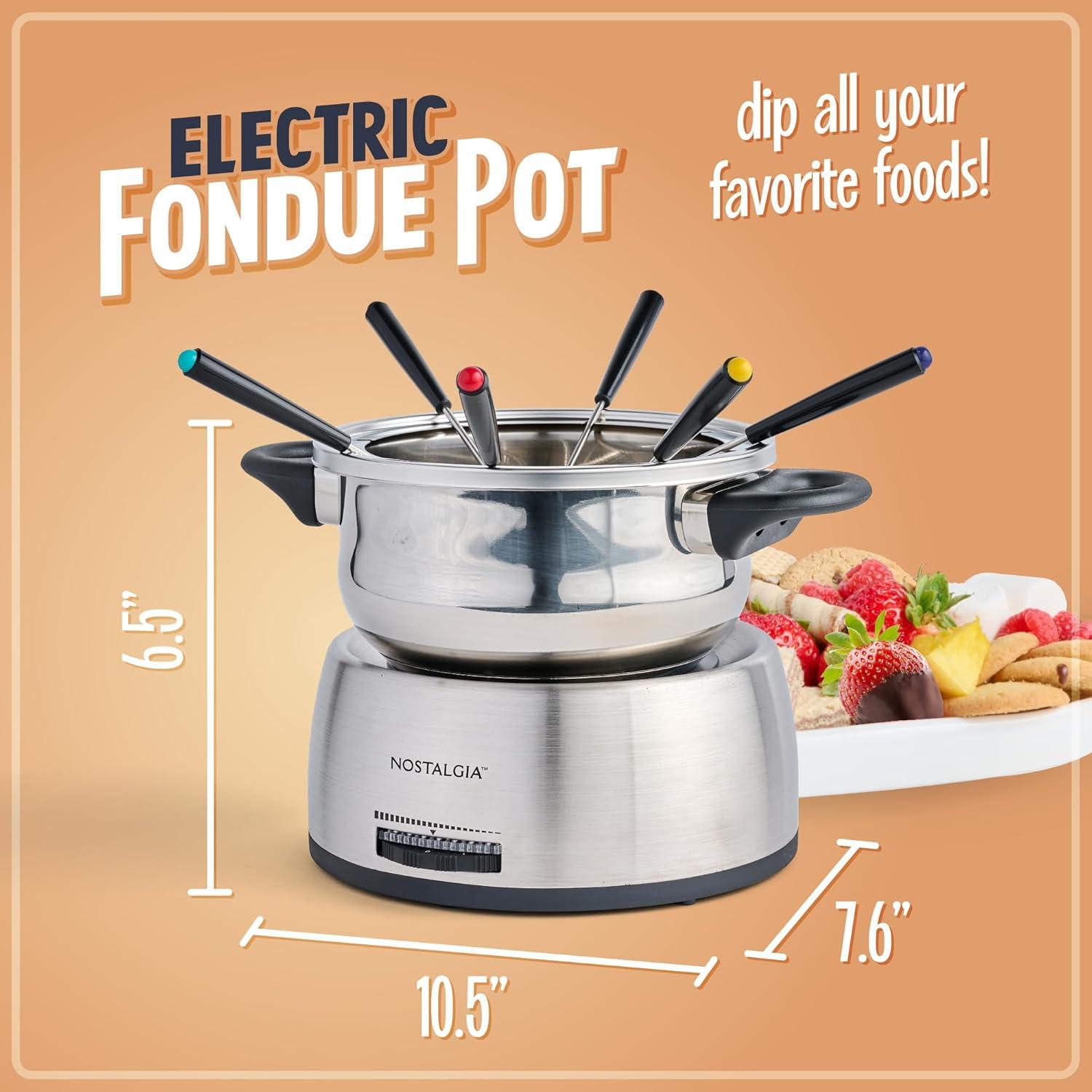 Nostalgia Nostalgia 6-Cup Stainless Steel Electric Fondue Pot with Temperature Control, 6 Color-Coded Forks and Removable Pot - Perfect for Chocolate, Caramel, Cheese, Sauces and More