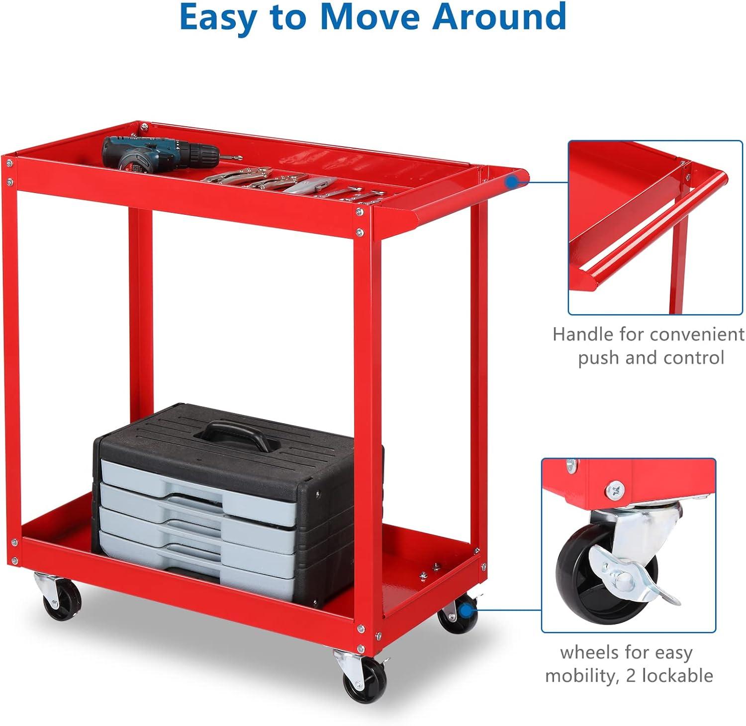 2 Tier Rolling Tool Cart, 220 LBS Capacity Industrial Service Cart w/Wheels, 2 Shelf Steel Utility Cart, Tool Storage Organizer for Mechanic, Garage, Workshop, Warehouse & Repair Shop, Red