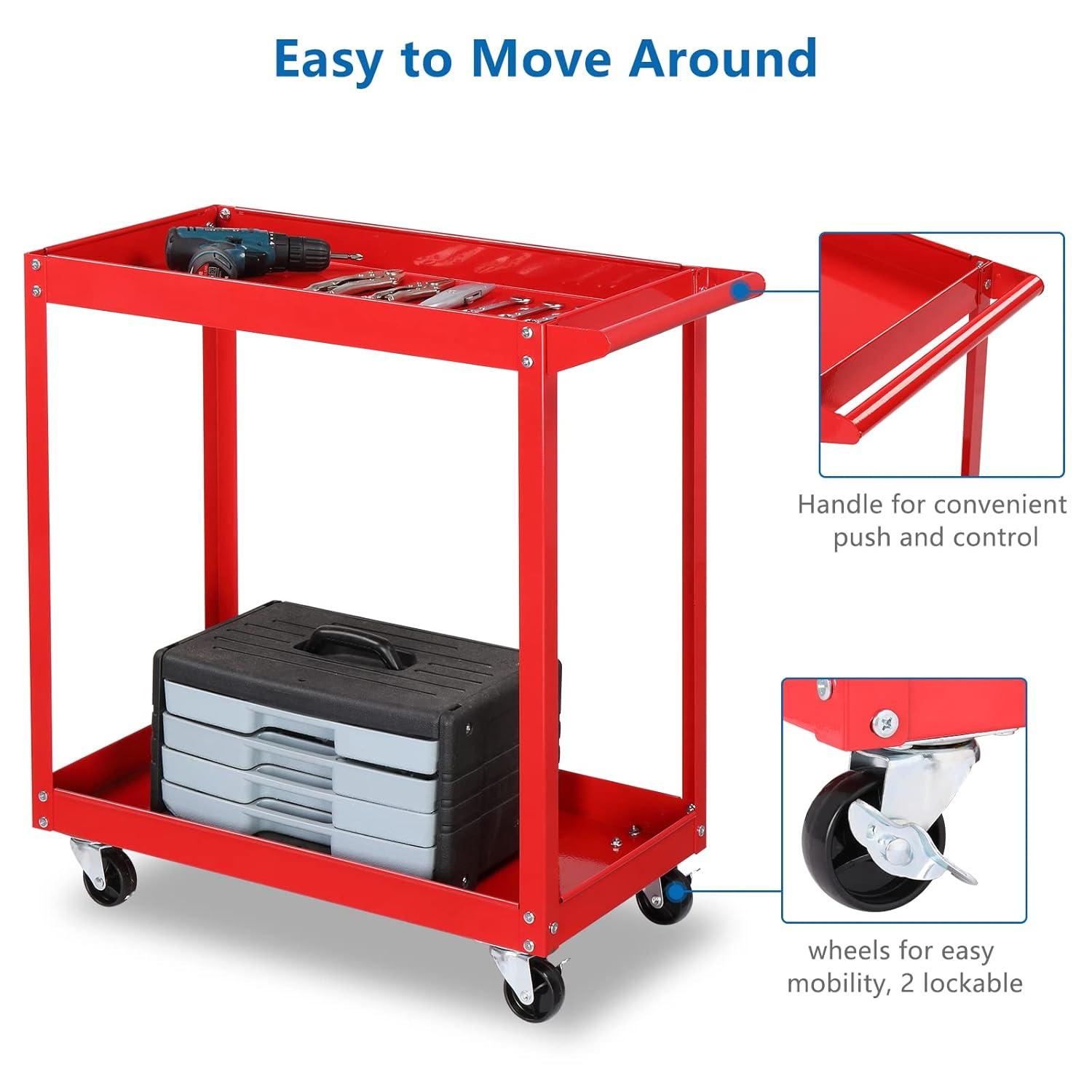 2 Tier Rolling Tool Cart, 220 LBS Capacity Industrial Service Cart w/Wheels, 2 Shelf Steel Utility Cart, Tool Storage Organizer for Mechanic, Garage, Workshop, Warehouse & Repair Shop, Red