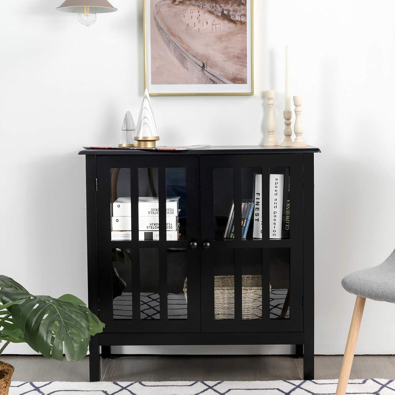 Tangkula Sideboard Buffet Storage Cabinet, with 2 Glass Doors, Liquor Curio Cabinet for Home Kitchen Dining Room, Cupboard Console Table (Black)