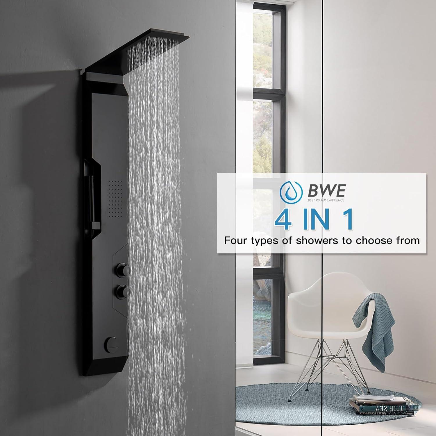 Matte Black Stainless Steel Shower Tower with Rainfall Head and Body Jets