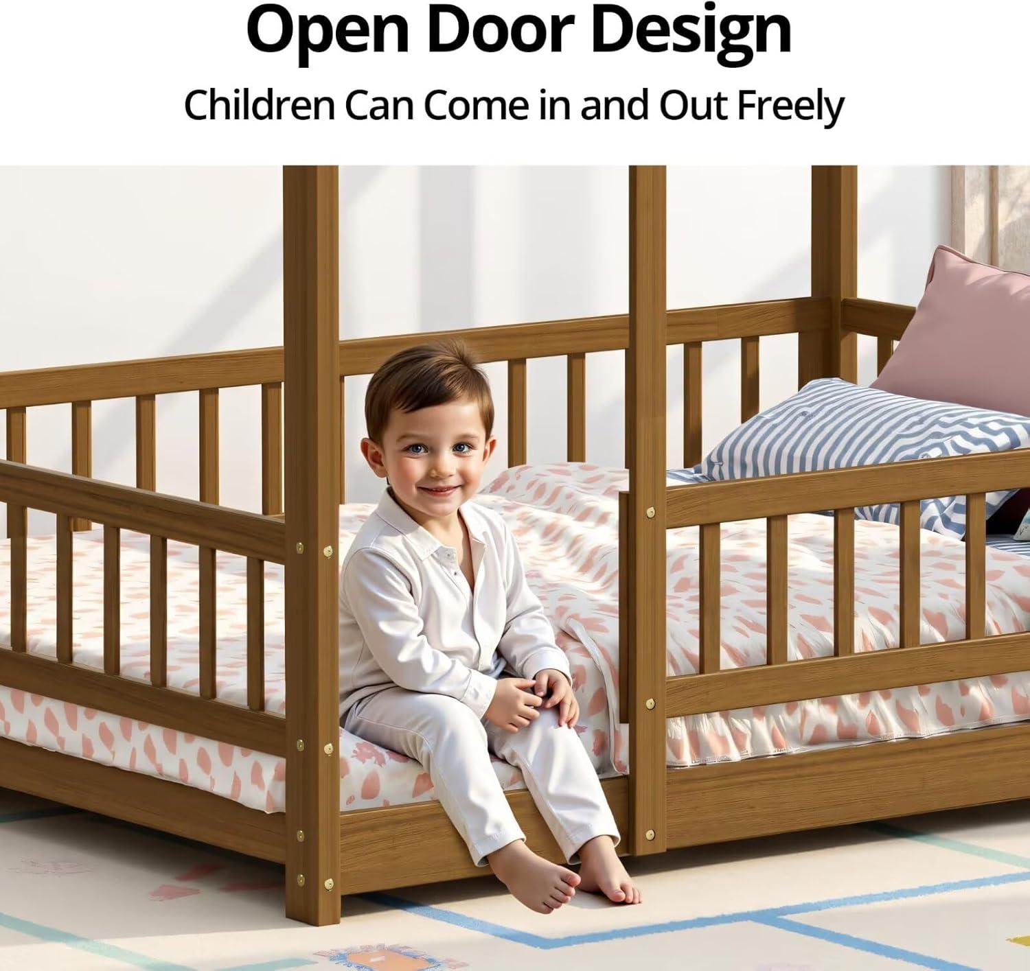 Twin Floor Bed for Kids, Wooden House Bed Frame with Roof, Fence Guardrails, Montessori Bed for Toddlers Girls Boys, Gray