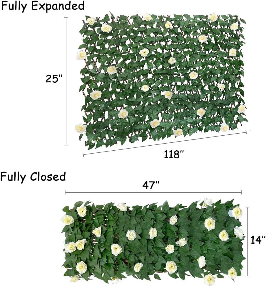 GLANT Expandable Fence Privacy Screen for Balcony Patio Outdoor,Decorative Faux Ivy Fencing Panel,Artificial Hedges (Single Sided Leaves) (1, White Rose)